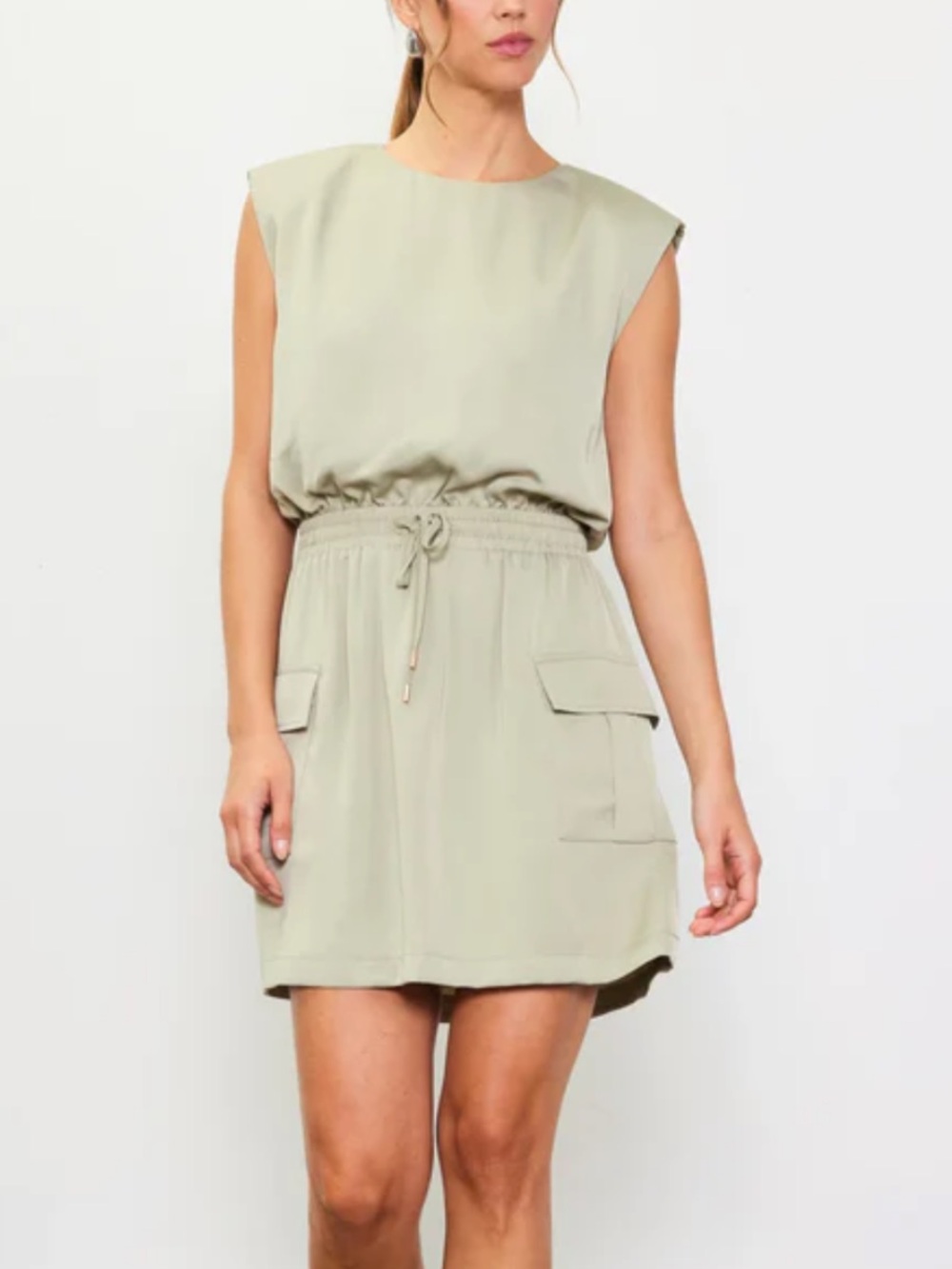 Sleeveless Utility Drawstring Pocket Dress in Sage